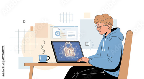 Man at desk with laptop showing lock icon illustrating cybersecurity and data protection strategy