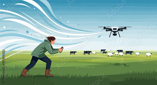 Modern farming technology shepherd monitoring livestock with a drone on a sunny day