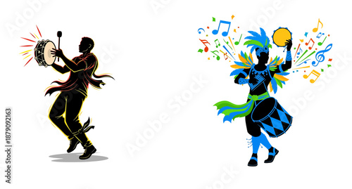 Carnival masculine  samba music drum player silhouette illustration style, Isolated on transparent/colorful background