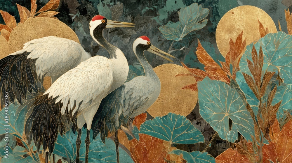 Obraz premium Elegant cranes and gold leaves stylized artwork