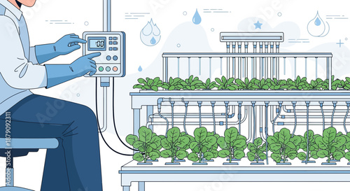 Precision agriculture illustration showing controlled environment and hydroponic farming systems