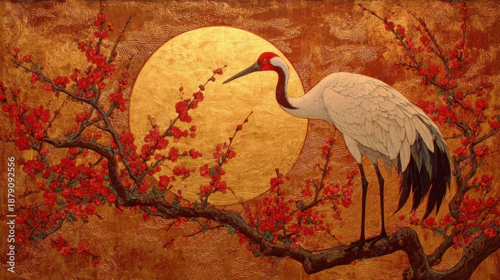 Fototapeta premium Elegant crane with red blossoms and golden moon
