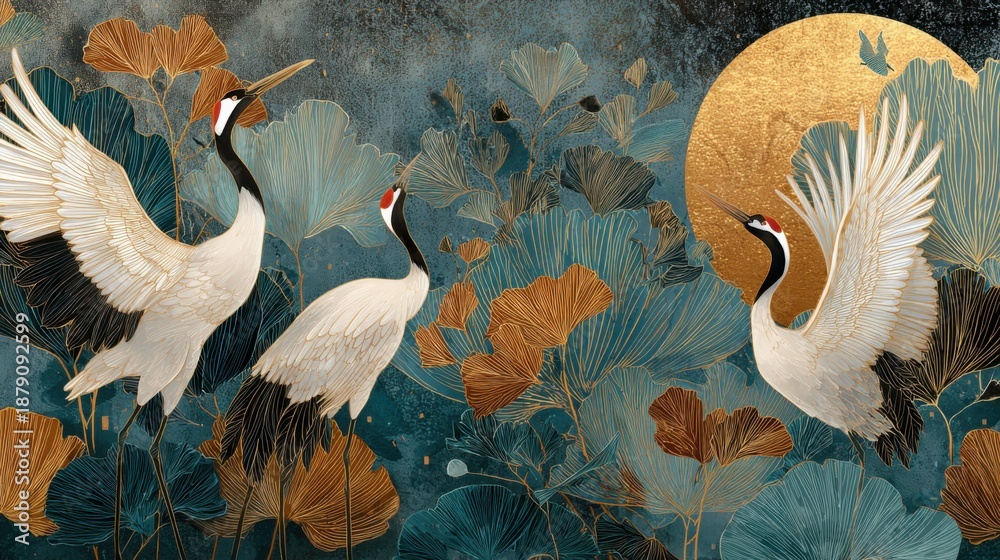 Obraz premium Elegant cranes in stylized botanical garden