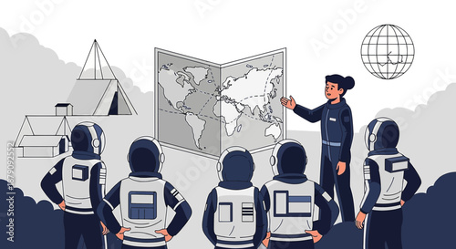 Astronauts planning future expeditions, exploring earth map and futuristic landscapes in a