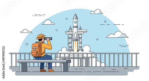 Cartoon illustration depicting a man observing a rocket launch from a viewing platform with