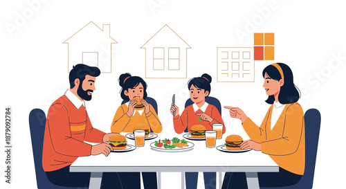 Cheerful family sharing a hamburger dinner at home with a sense of closeness and unity
