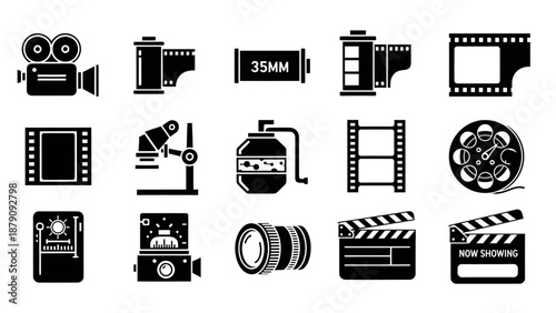 35mm Film Camera Icons Set with Movie Clapperboard and Projector Minimalist Black and White Vector