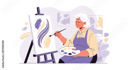Creative Expression Senior Artist Engaged in Painting on Easel Art Therapy Illustration