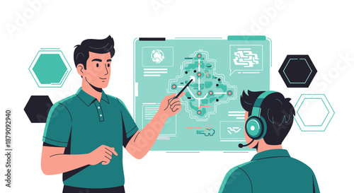 Data visualization presentation with expert explaining complex network to audience member