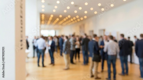 Blurred image of a large group of business people networking and socializing at a corporate conference or event in a modern hall with warm lighting