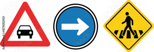 Road Safety Signs Including Car Warning Pedestrian Crossing and Directional Arrow