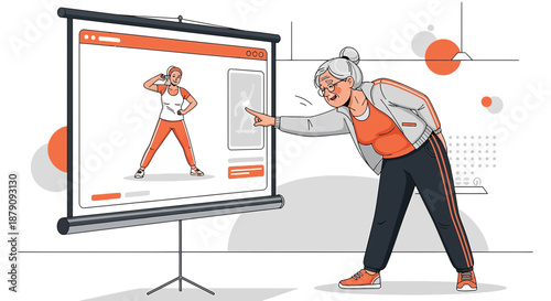 Elderly woman participating in an online fitness class with virtual instructor on screen