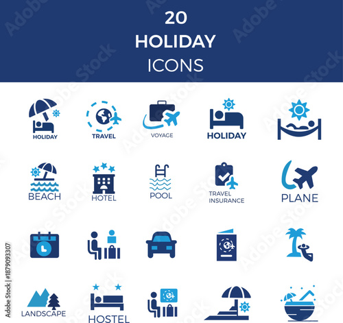 Set of Travel and Tourism Flat Icons for Vacation Planning and Summer Holidays, Travel Agency Concept Icons Pack featuring Flight, Hotel, Insurance, and Beach Activities Vector Illustration