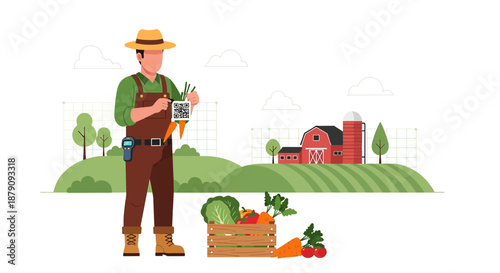 Farmer showcases traceability with QR code on carrots amid idyllic farm landscape and produce crate