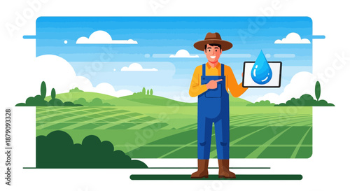 Farmer using tablet for water management illustration of innovative agriculture concept