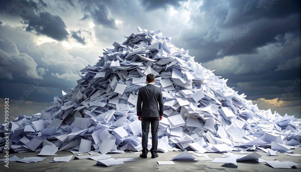 Fototapeta premium Person facing mountain of scattered papers outdoors under cloudy sky symbolizing overload and stress