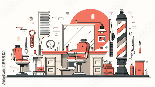Barbershop Design Concept Vector with Outline on White Background