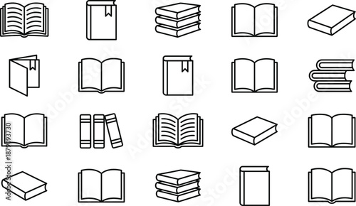 Book line icons set featuring open closed stacked books for education library reading publishing study design outline vector collection symbols