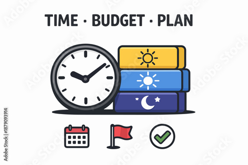 Time budget plan concept with clock books calendar and checklist flat vector illustration