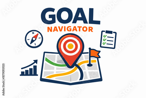 Goal navigator route planning with map target marker checklist and growth chart flat vector