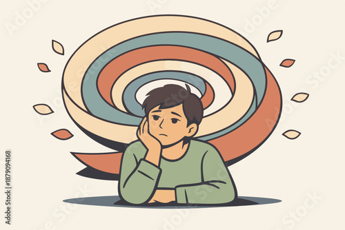 Endless worry spiral: confused person surrounded by looping thoughts