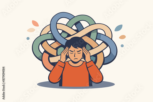 Mental knot: overwhelmed person trapped in tangled thoughts and stress
