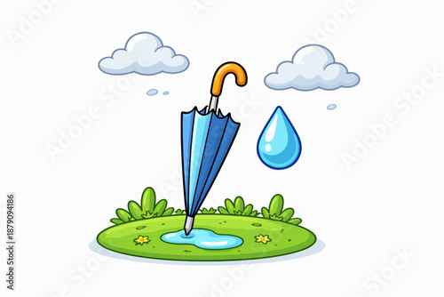 Rainy day umbrella: standing in a puddle with water drop icon