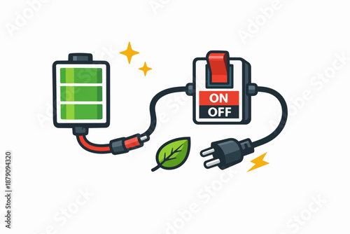 Renewable power switch: battery connected to on off control and plug
