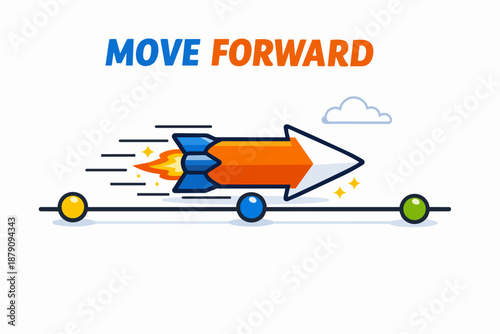 Move forward: rocket arrow speeding along a progress timeline