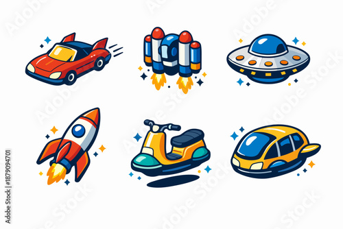 Future transport icons set with flying car, rocket, ufo and scooter