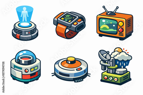 Smart device icons with hologram scan, wearable tracker, tv and robot cleaner