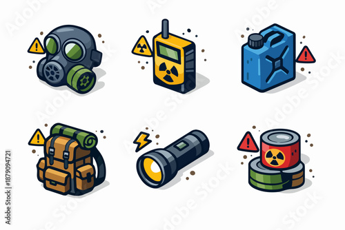 Hazard survival icons set with gas mask, radiation meter, fuel can, backpack and flashlight
