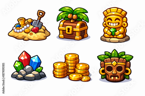 Treasure icons set with gold pile, palm chest, jungle idol, gemstones and coins