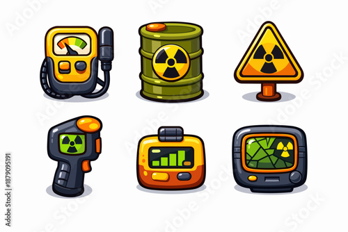 Radiation monitoring icons set with dosimeter, detector, warning sign and nuclear barrel