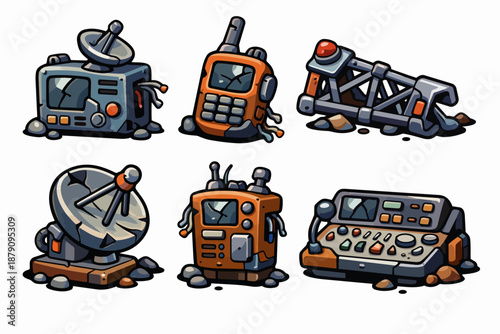 Post apocalyptic retro communication devices silhouette set