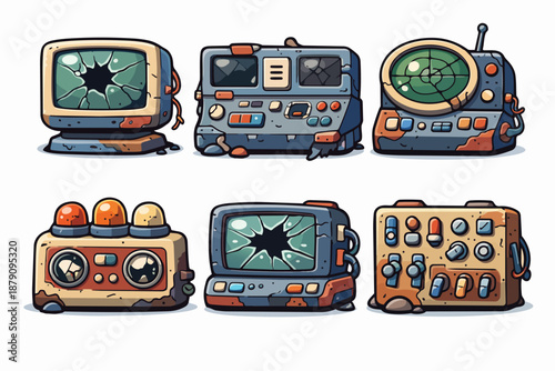 Industrial machines icons set with robotic arm, conveyor, drill press, fan motor and pump