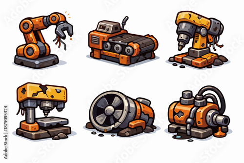 Industrial equipment icons set with robot arm, conveyor, drill machine, press and generator motor