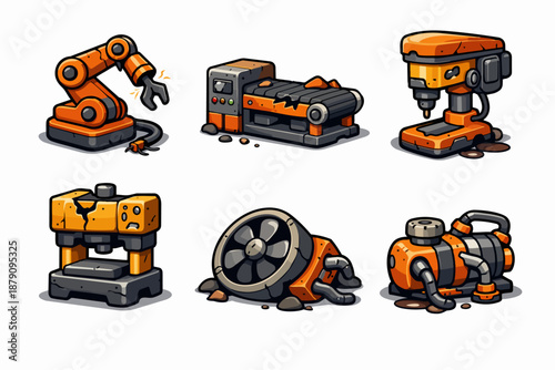Laboratory tech icons set with test tubes, microscope, cracked monitor, centrifuge and control box757