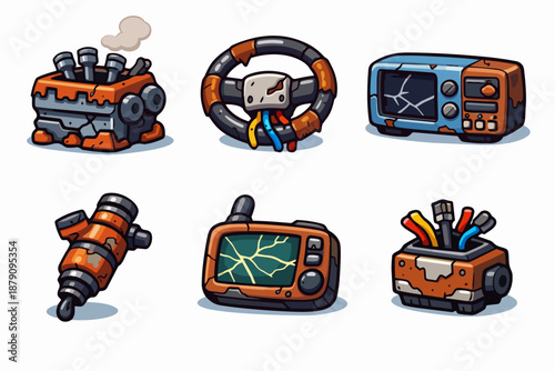 Post-apocalyptic car electronics set with engine block, steering wheel, microwave device and drill tool, isolated on white background