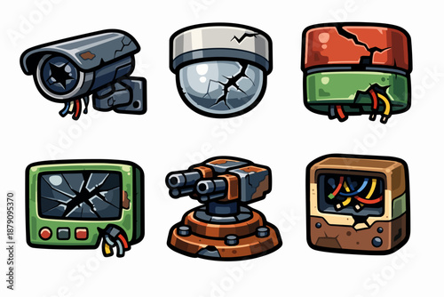 Security system devices set with CCTV camera, dome camera, alarm siren, monitor and turret