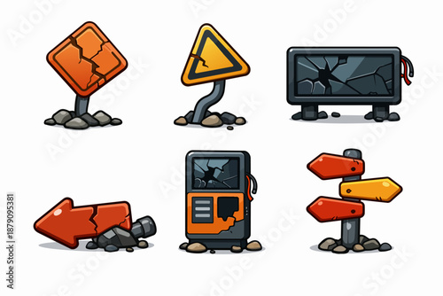 Broken road signs icons set with warning sign, direction arrows, damaged billboard and ruined terminal kiosk