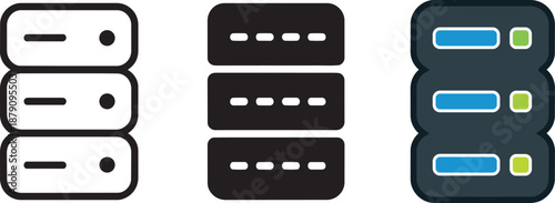 Three stylized server icons in outline solid and colorful versions on checkered background