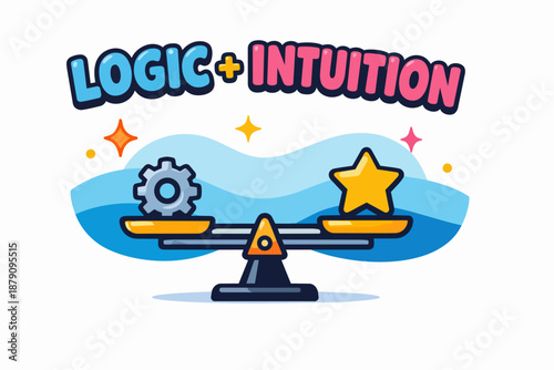 Logic and intuition typography with balance scale, gear and star, thinking concept