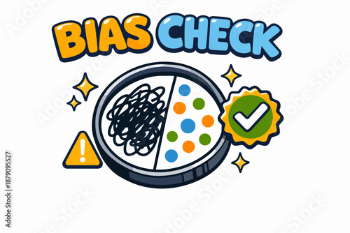 Bias check typography with magnifier, warning sign and verified badge, critical review concept