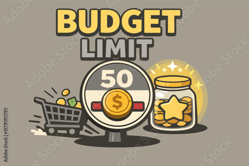 Budget limit concept with spending cap sign, shopping cart and savings jar