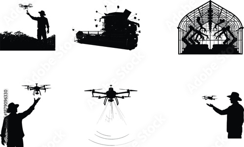 Silhouette illustrations of people operating drones in various scenes