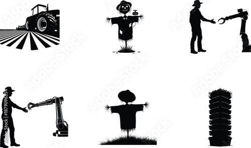 Black silhouettes of people performing various actions and industrial tools