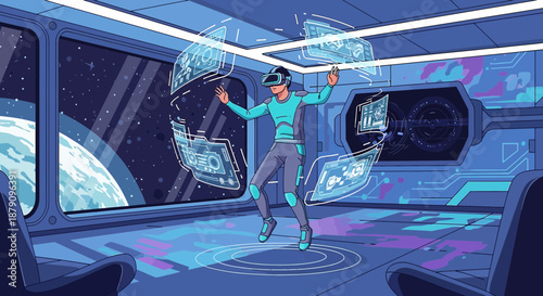 Person navigating holographic screens in futuristic space station using virtual reality