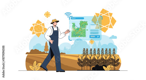 Precision farming illustration depicting a farmer utilizing technology for crop management and