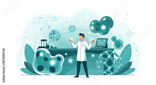 Scientific discovery and innovation concept illustrated by a research scientist and abstract